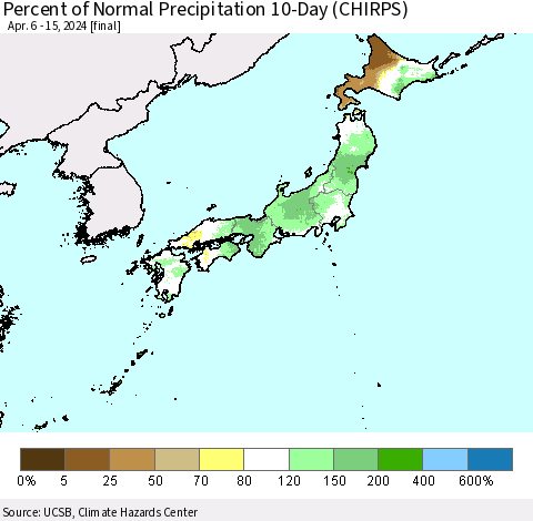 Japan Percent of Normal Precipitation 10-Day (CHIRPS) Thematic Map For 4/6/2024 - 4/15/2024