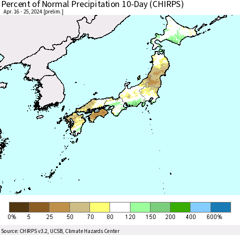 Japan Percent of Normal Precipitation 10-Day (CHIRPS) Thematic Map For 4/16/2024 - 4/25/2024