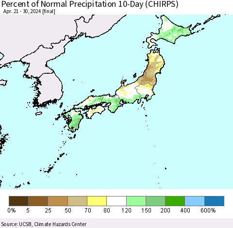 Japan Percent of Normal Precipitation 10-Day (CHIRPS) Thematic Map For 4/21/2024 - 4/30/2024