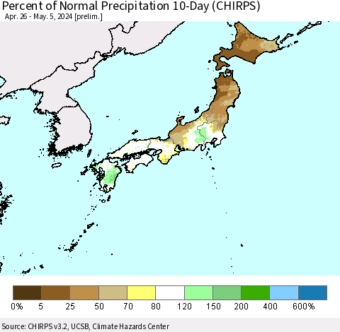 Japan Percent of Normal Precipitation 10-Day (CHIRPS) Thematic Map For 4/26/2024 - 5/5/2024