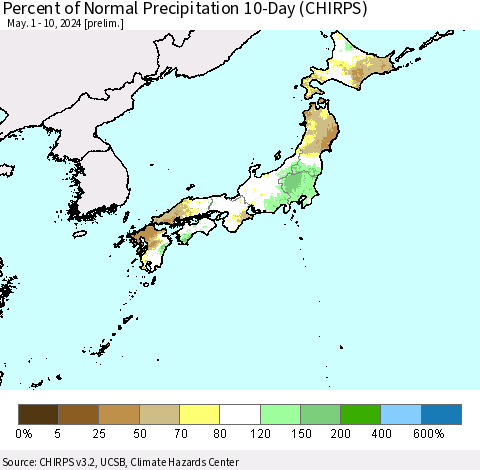 Japan Percent of Normal Precipitation 10-Day (CHIRPS) Thematic Map For 5/1/2024 - 5/10/2024