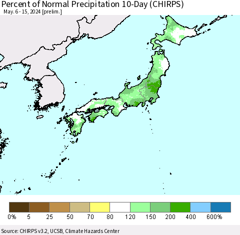 Japan Percent of Normal Precipitation 10-Day (CHIRPS) Thematic Map For 5/6/2024 - 5/15/2024