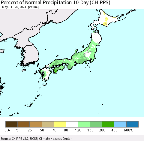 Japan Percent of Normal Precipitation 10-Day (CHIRPS) Thematic Map For 5/11/2024 - 5/20/2024