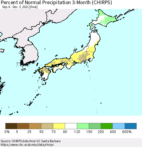Japan Percent of Normal Precipitation 3-Month (CHIRPS) Thematic Map For 9/6/2021 - 12/5/2021