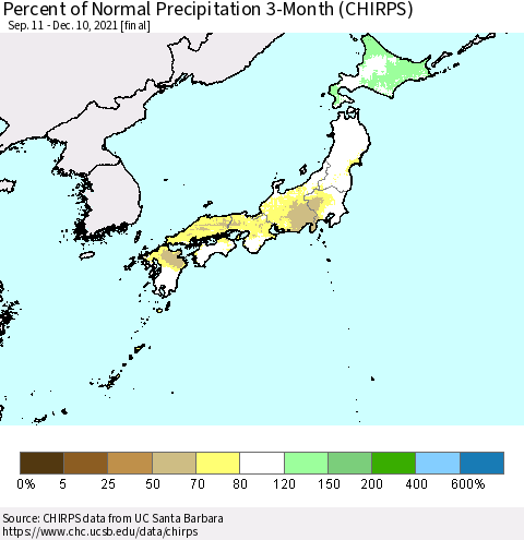 Japan Percent of Normal Precipitation 3-Month (CHIRPS) Thematic Map For 9/11/2021 - 12/10/2021