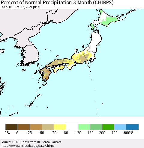 Japan Percent of Normal Precipitation 3-Month (CHIRPS) Thematic Map For 9/16/2021 - 12/15/2021