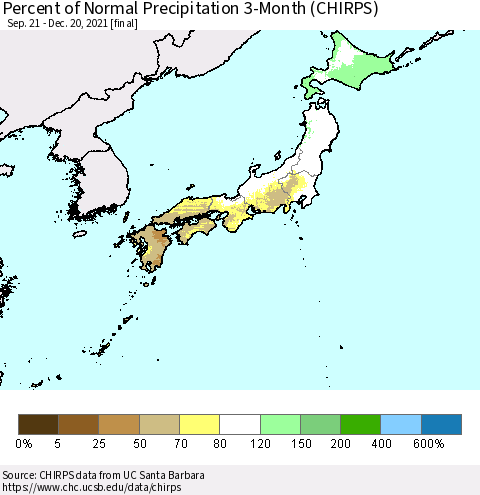 Japan Percent of Normal Precipitation 3-Month (CHIRPS) Thematic Map For 9/21/2021 - 12/20/2021