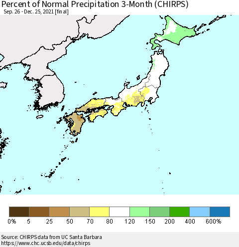 Japan Percent of Normal Precipitation 3-Month (CHIRPS) Thematic Map For 9/26/2021 - 12/25/2021