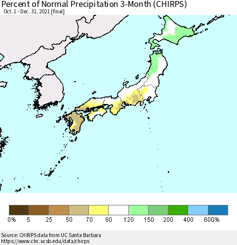 Japan Percent of Normal Precipitation 3-Month (CHIRPS) Thematic Map For 10/1/2021 - 12/31/2021