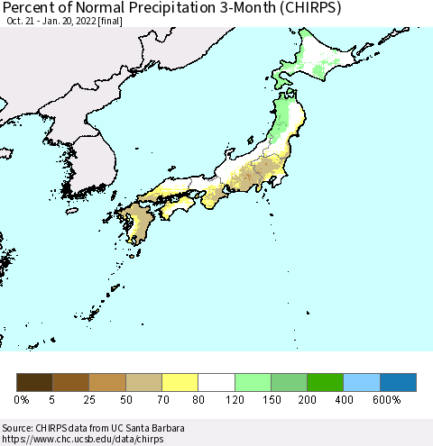 Japan Percent of Normal Precipitation 3-Month (CHIRPS) Thematic Map For 10/21/2021 - 1/20/2022