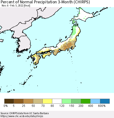 Japan Percent of Normal Precipitation 3-Month (CHIRPS) Thematic Map For 11/6/2021 - 2/5/2022