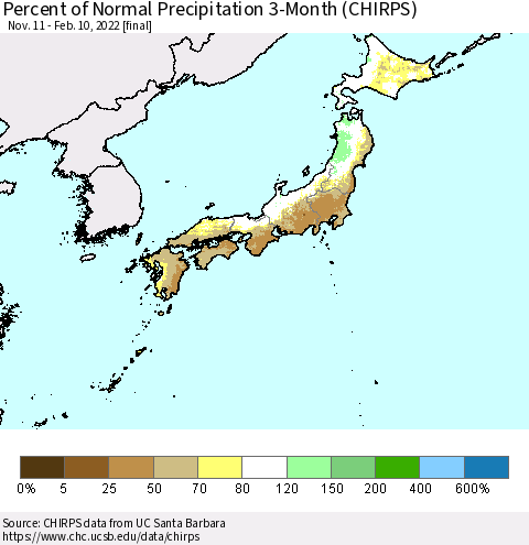 Japan Percent of Normal Precipitation 3-Month (CHIRPS) Thematic Map For 11/11/2021 - 2/10/2022