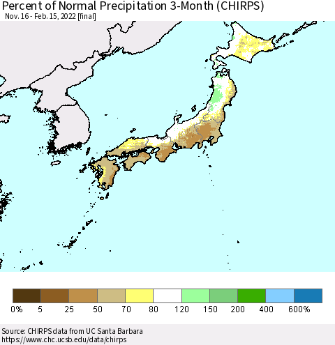 Japan Percent of Normal Precipitation 3-Month (CHIRPS) Thematic Map For 11/16/2021 - 2/15/2022