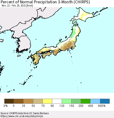 Japan Percent of Normal Precipitation 3-Month (CHIRPS) Thematic Map For 11/21/2021 - 2/20/2022