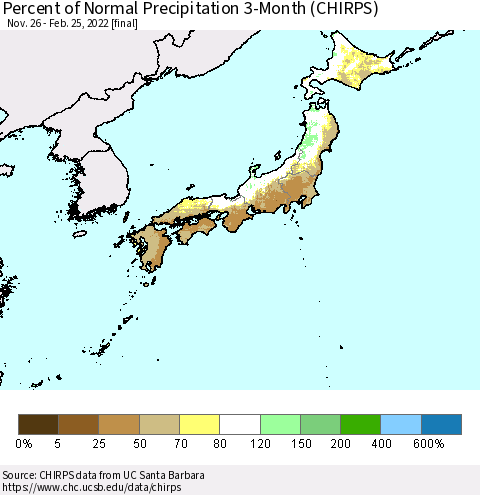 Japan Percent of Normal Precipitation 3-Month (CHIRPS) Thematic Map For 11/26/2021 - 2/25/2022