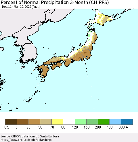 Japan Percent of Normal Precipitation 3-Month (CHIRPS) Thematic Map For 12/11/2021 - 3/10/2022