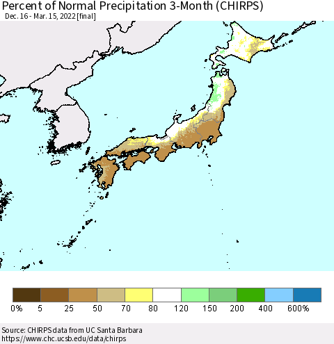 Japan Percent of Normal Precipitation 3-Month (CHIRPS) Thematic Map For 12/16/2021 - 3/15/2022