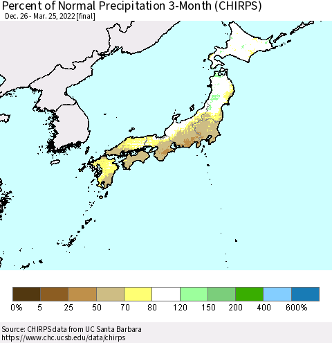 Japan Percent of Normal Precipitation 3-Month (CHIRPS) Thematic Map For 12/26/2021 - 3/25/2022
