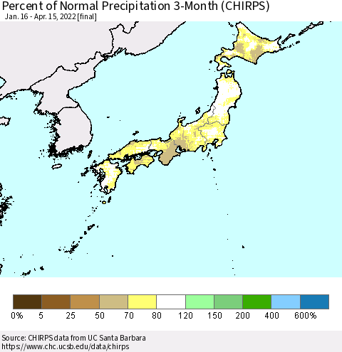 Japan Percent of Normal Precipitation 3-Month (CHIRPS) Thematic Map For 1/16/2022 - 4/15/2022