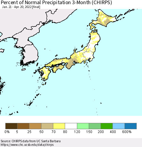 Japan Percent of Normal Precipitation 3-Month (CHIRPS) Thematic Map For 1/21/2022 - 4/20/2022
