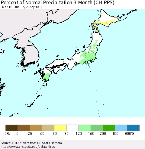 Japan Percent of Normal Precipitation 3-Month (CHIRPS) Thematic Map For 3/16/2022 - 6/15/2022