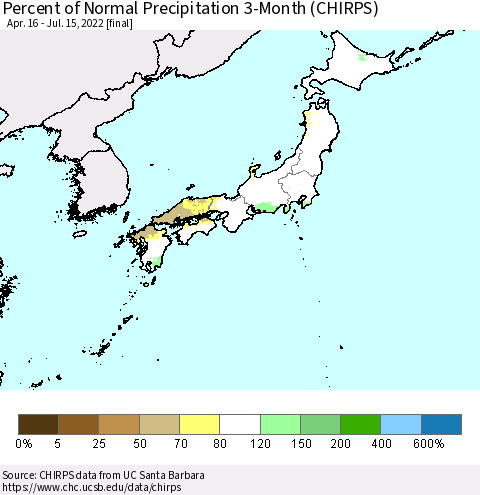 Japan Percent of Normal Precipitation 3-Month (CHIRPS) Thematic Map For 4/16/2022 - 7/15/2022