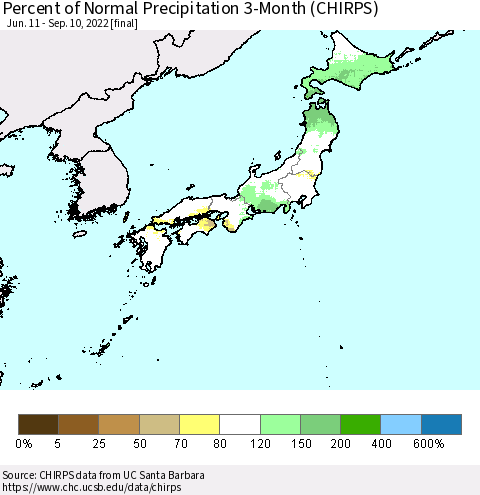 Japan Percent of Normal Precipitation 3-Month (CHIRPS) Thematic Map For 6/11/2022 - 9/10/2022