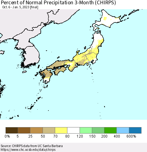 Japan Percent of Normal Precipitation 3-Month (CHIRPS) Thematic Map For 10/6/2022 - 1/5/2023