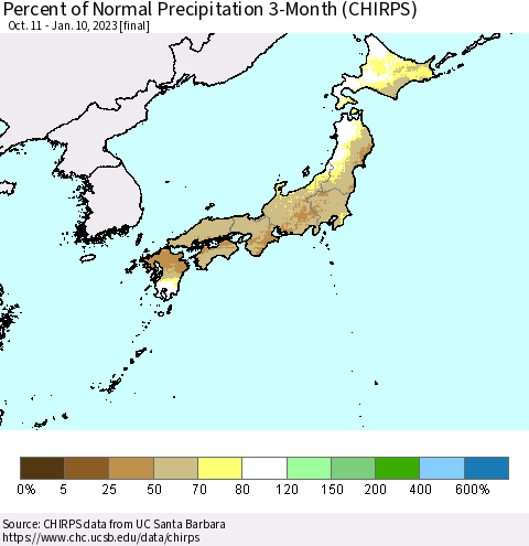 Japan Percent of Normal Precipitation 3-Month (CHIRPS) Thematic Map For 10/11/2022 - 1/10/2023