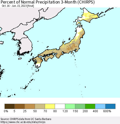 Japan Percent of Normal Precipitation 3-Month (CHIRPS) Thematic Map For 10/16/2022 - 1/15/2023