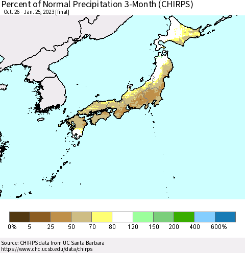 Japan Percent of Normal Precipitation 3-Month (CHIRPS) Thematic Map For 10/26/2022 - 1/25/2023