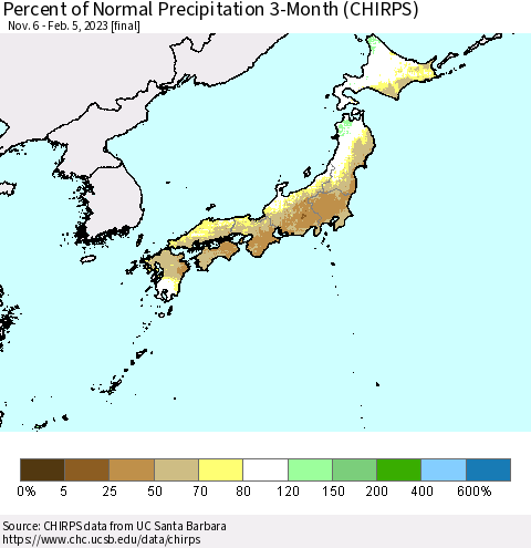 Japan Percent of Normal Precipitation 3-Month (CHIRPS) Thematic Map For 11/6/2022 - 2/5/2023