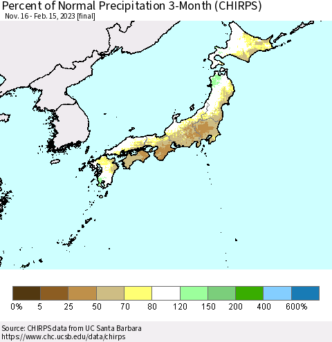 Japan Percent of Normal Precipitation 3-Month (CHIRPS) Thematic Map For 11/16/2022 - 2/15/2023