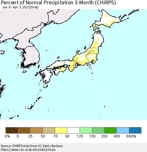 Japan Percent of Normal Precipitation 3-Month (CHIRPS) Thematic Map For 1/6/2023 - 4/5/2023
