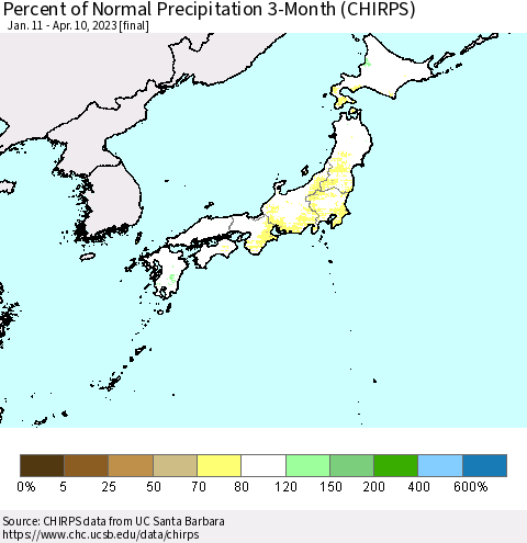 Japan Percent of Normal Precipitation 3-Month (CHIRPS) Thematic Map For 1/11/2023 - 4/10/2023