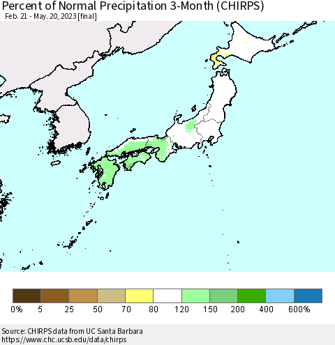 Japan Percent of Normal Precipitation 3-Month (CHIRPS) Thematic Map For 2/21/2023 - 5/20/2023