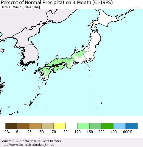 Japan Percent of Normal Precipitation 3-Month (CHIRPS) Thematic Map For 3/1/2023 - 5/31/2023