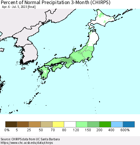 Japan Percent of Normal Precipitation 3-Month (CHIRPS) Thematic Map For 4/6/2023 - 7/5/2023