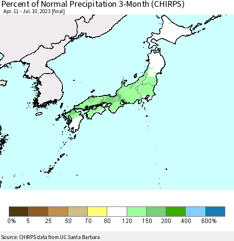 Japan Percent of Normal Precipitation 3-Month (CHIRPS) Thematic Map For 4/11/2023 - 7/10/2023