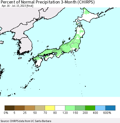 Japan Percent of Normal Precipitation 3-Month (CHIRPS) Thematic Map For 4/16/2023 - 7/15/2023