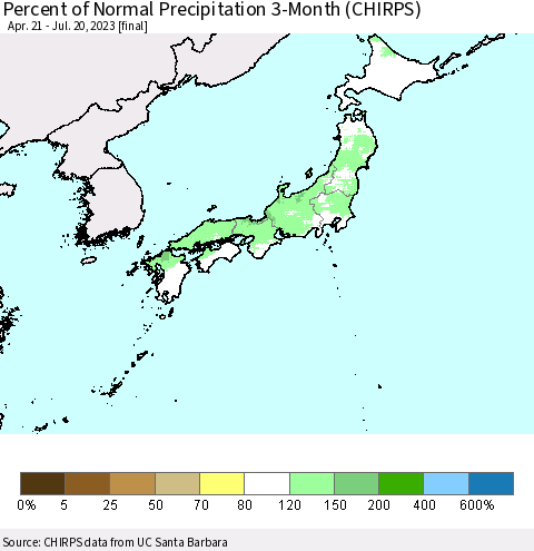 Japan Percent of Normal Precipitation 3-Month (CHIRPS) Thematic Map For 4/21/2023 - 7/20/2023