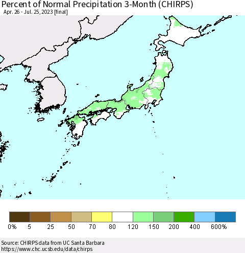 Japan Percent of Normal Precipitation 3-Month (CHIRPS) Thematic Map For 4/26/2023 - 7/25/2023