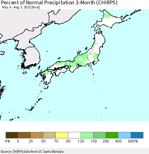 Japan Percent of Normal Precipitation 3-Month (CHIRPS) Thematic Map For 5/6/2023 - 8/5/2023