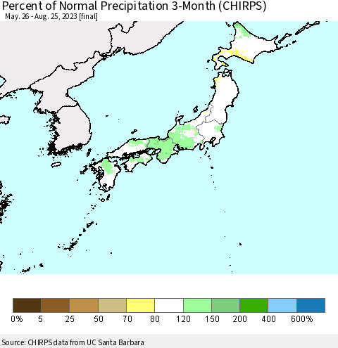 Japan Percent of Normal Precipitation 3-Month (CHIRPS) Thematic Map For 5/26/2023 - 8/25/2023