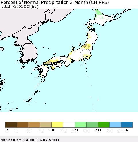 Japan Percent of Normal Precipitation 3-Month (CHIRPS) Thematic Map For 7/11/2023 - 10/10/2023