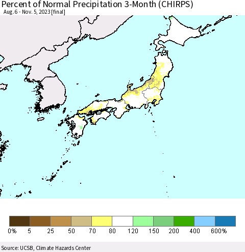 Japan Percent of Normal Precipitation 3-Month (CHIRPS) Thematic Map For 8/6/2023 - 11/5/2023