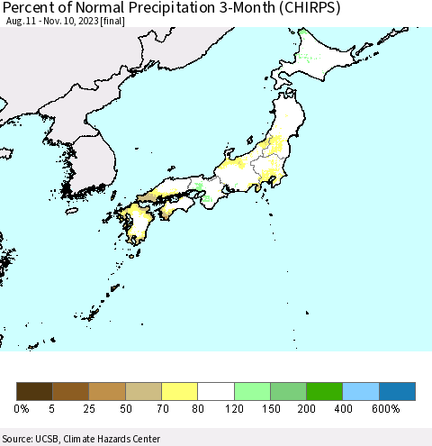 Japan Percent of Normal Precipitation 3-Month (CHIRPS) Thematic Map For 8/11/2023 - 11/10/2023