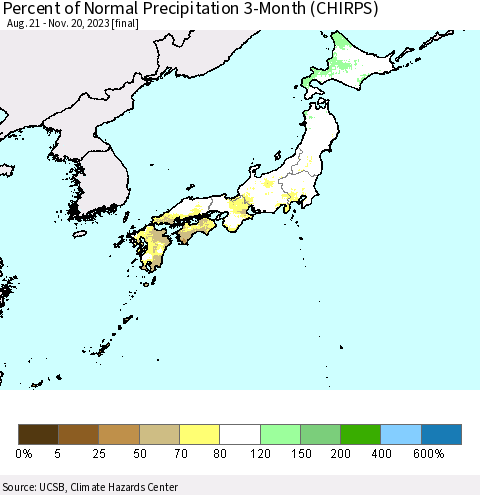 Japan Percent of Normal Precipitation 3-Month (CHIRPS) Thematic Map For 8/21/2023 - 11/20/2023