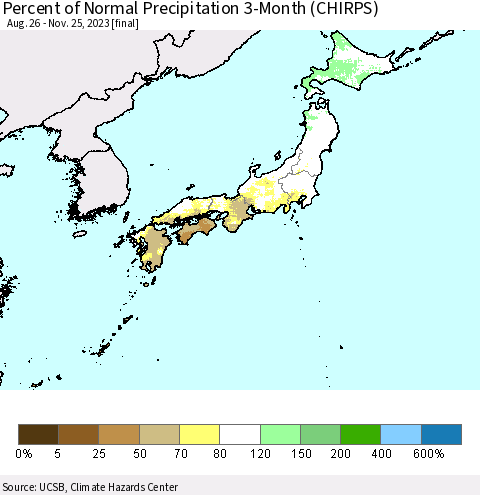 Japan Percent of Normal Precipitation 3-Month (CHIRPS) Thematic Map For 8/26/2023 - 11/25/2023