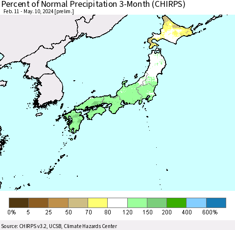 Japan Percent of Normal Precipitation 3-Month (CHIRPS) Thematic Map For 2/11/2024 - 5/10/2024